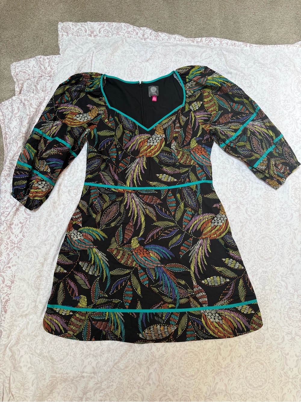 Vince Camuto Black Mini Dress with Multicolor Leaf Print and Teal Trim